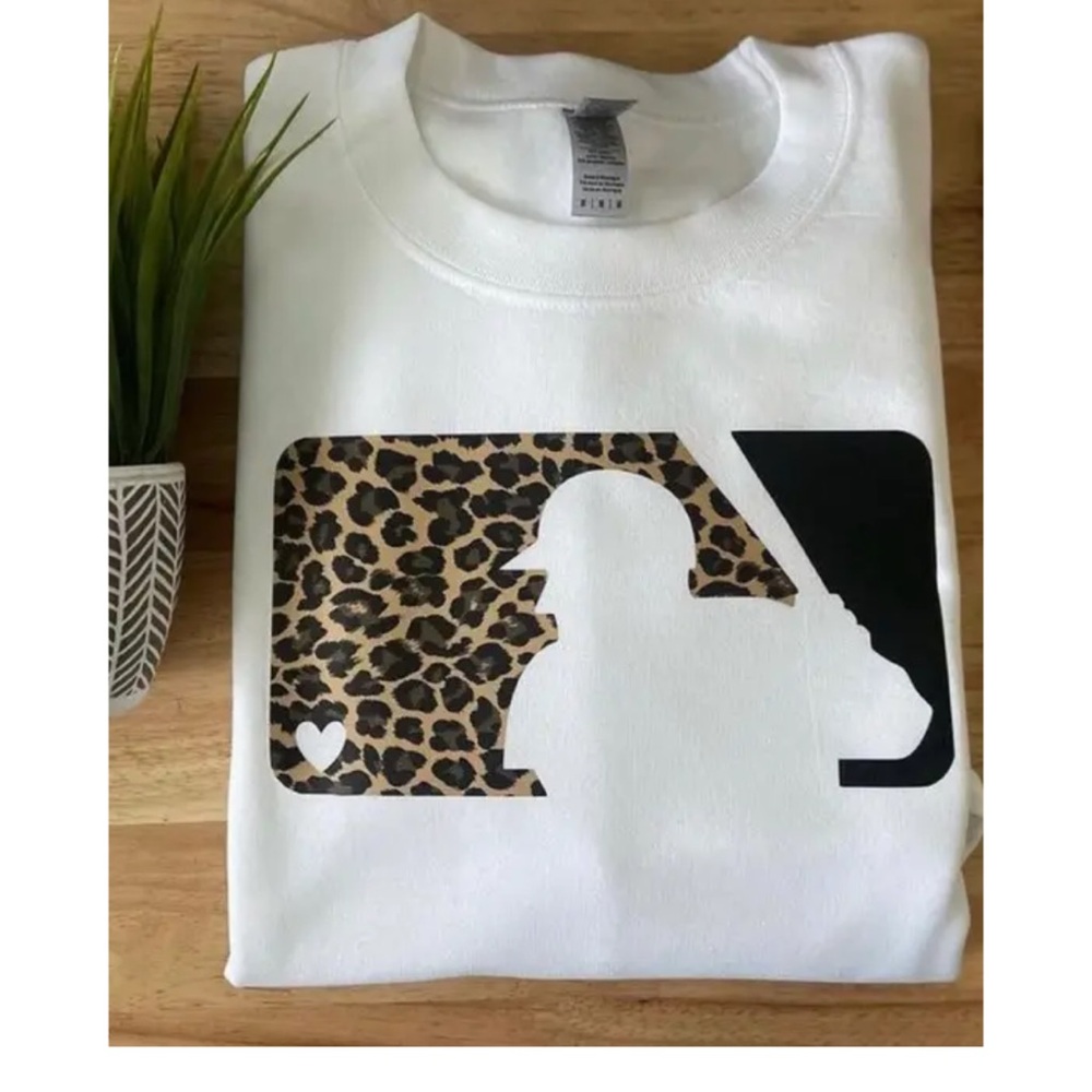 White Sweatshirt with Leopard Print Baseball Logo